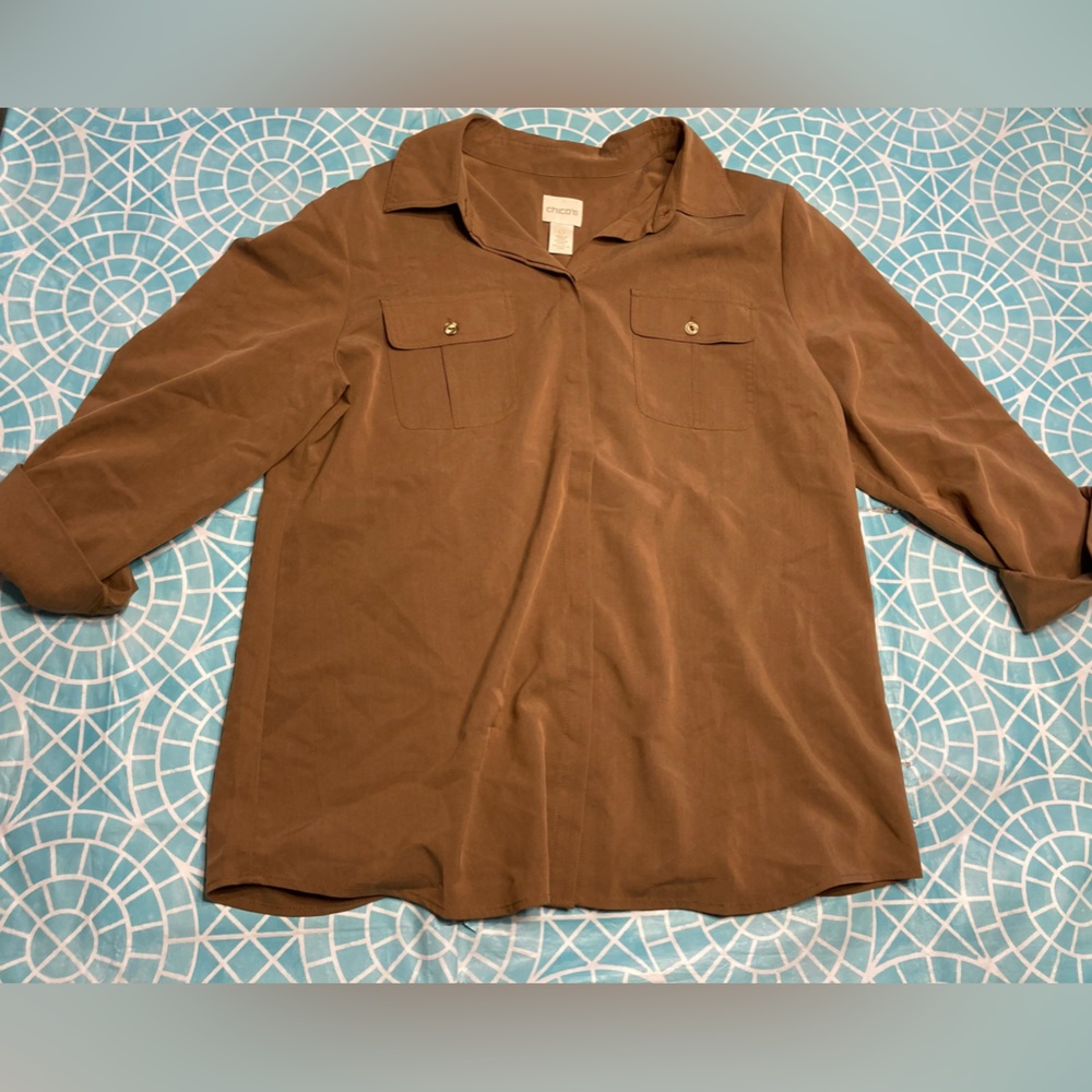 Chico’s mocha button up, collared shirt.